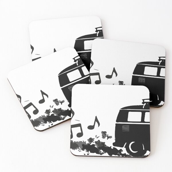 Item preview, Black silhouette retro camper van leaving a trail of musical notes and paint splatter, evoking road trip freedom, vintage surf and hippie music vibes for travel, lifestyle designed and sold by Dejbar.