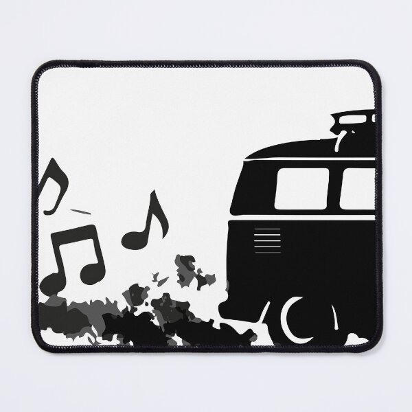 Item preview, Black silhouette retro camper van leaving a trail of musical notes and paint splatter, evoking road trip freedom, vintage surf and hippie music vibes for travel, lifestyle designed and sold by Dejbar.