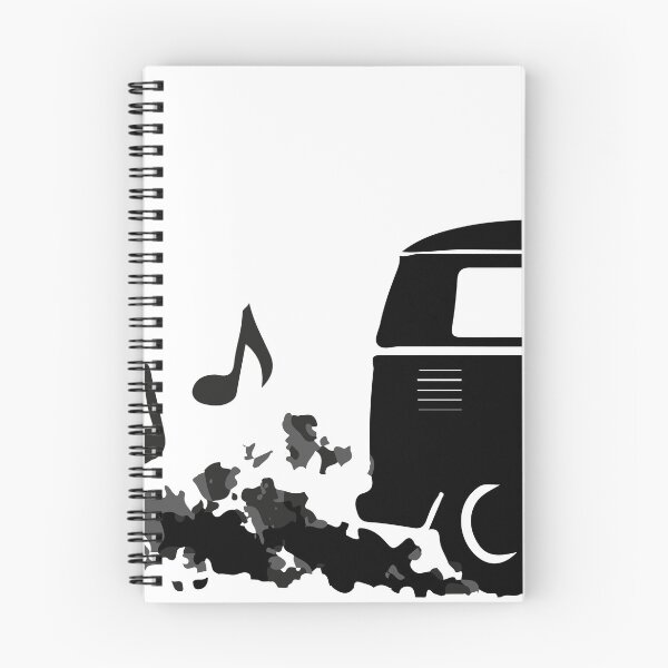 Item preview, Black silhouette retro camper van leaving a trail of musical notes and paint splatter, evoking road trip freedom, vintage surf and hippie music vibes for travel, lifestyle designed and sold by Dejbar.