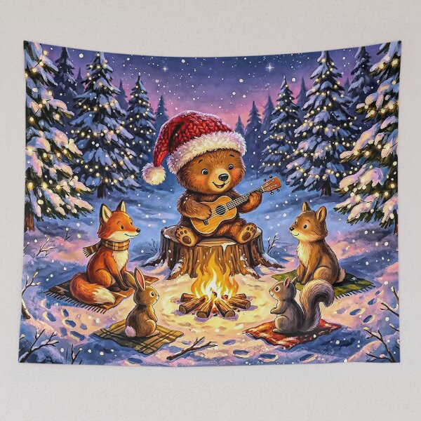 Item preview, Festive Bear Ukulele Campfire in Magical Snowy Forest designed and sold by acceleratorhams.