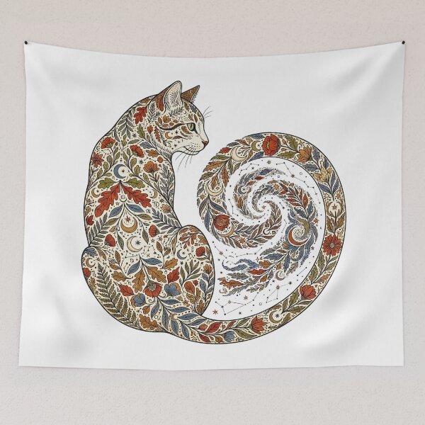 Item preview, Cute Celestial Moon Cat Botanical Folk Art Magic Aesthetic designed and sold by ArtivioShop.