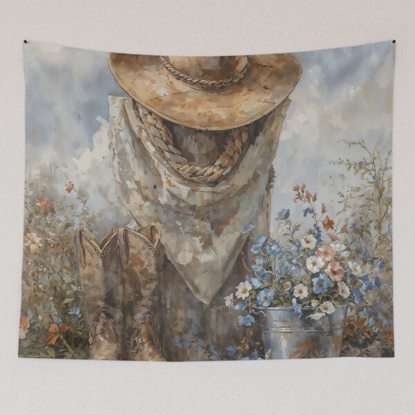 Item preview, Vintage Cowboy Boots and Hat Still Life with Wildflowers Painting designed and sold by Sergey Sedunov.