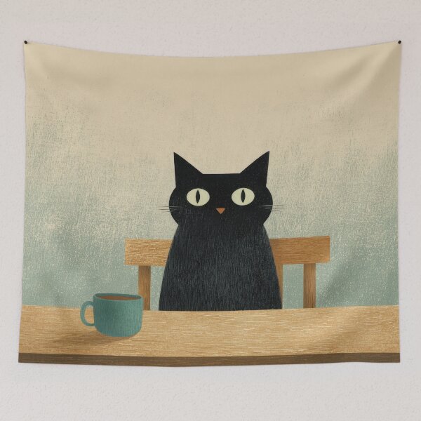 Item preview, Black cat sits at a table with cup designed and sold by anytka.