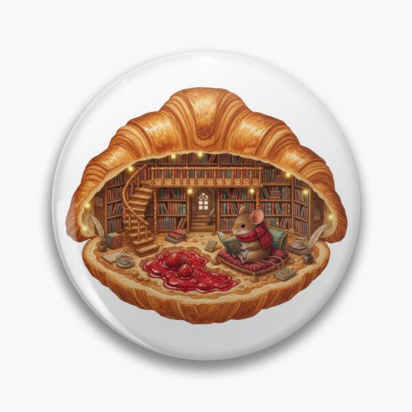 Item preview, cute mouse joyfully reading book inside cozy library carved within delicious croissant designed and sold by Jdee23.