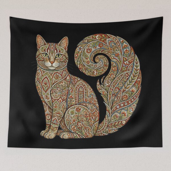 Item preview, Cute Mosaic Pattern Cat Botanical Folk Art Floral Aesthetic designed and sold by ArtivioShop.