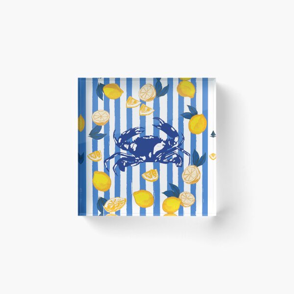 Item preview, Mediterranean Crab & Lemon Coastal Blue Stripe Retro Illustration designed and sold by MaiZephyr.