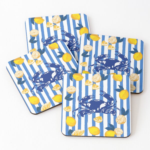 Item preview, Mediterranean Crab & Lemon Coastal Blue Stripe Retro Illustration designed and sold by MaiZephyr.