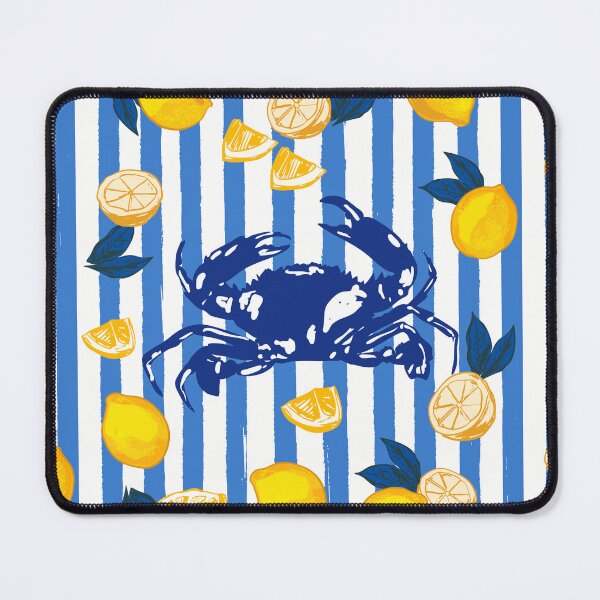 Item preview, Mediterranean Crab & Lemon Coastal Blue Stripe Retro Illustration designed and sold by MaiZephyr.