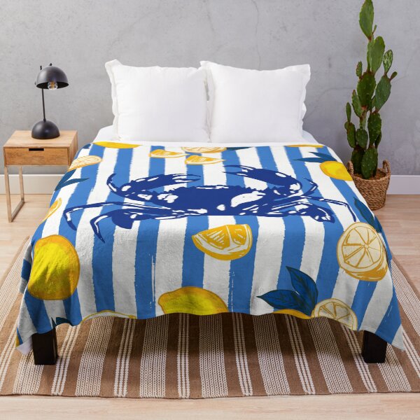 Item preview, Mediterranean Crab & Lemon Coastal Blue Stripe Retro Illustration designed and sold by MaiZephyr.
