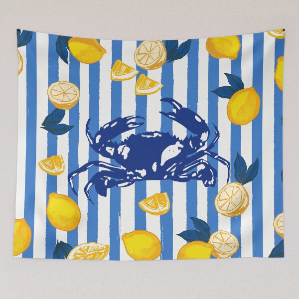 Item preview, Mediterranean Crab & Lemon Coastal Blue Stripe Retro Illustration designed and sold by MaiZephyr.