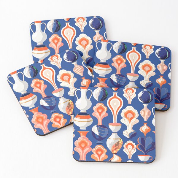 Item preview, A colorful pattern of various vases and pottery on a blue background designed and sold by Creative88Art.
