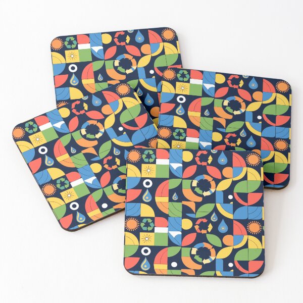Item preview, A colorful mosaic pattern with eco-friendly symbols on a dark background designed and sold by Creative88Art.