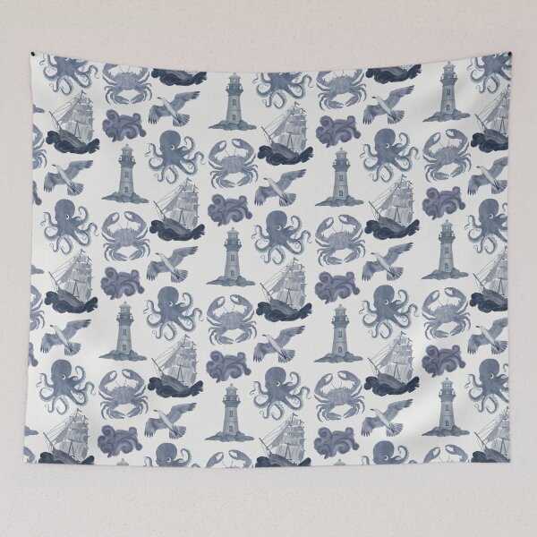 Item preview, Indigo Blue Nautical Watercolor Maritime Illustrations designed and sold by Seamlessly Buffalo.
