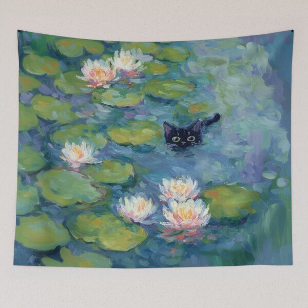Item preview, Impressionist Water Lily Pond Black Cat Monet Style Painting Aesthetic designed and sold by UtArt.