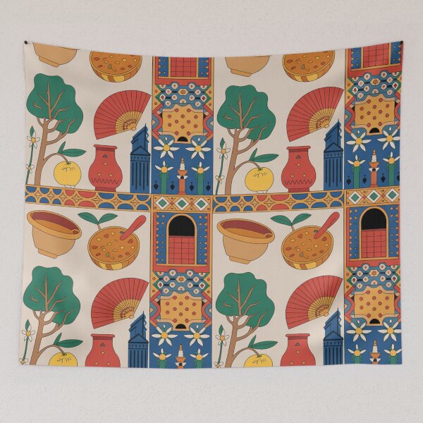 Item preview, Vibrant Folk Art Seamless Pattern - Colorful Mediterranean Tiles with Soup Bowl, Lemon Tree & Ornate Motifs designed and sold by Midnight Veil Designs.