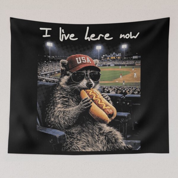 Item preview, Funny Raccoon Eating Hotdog Baseball Fan USA Sports Humor Design designed and sold by Daisy Grimes.