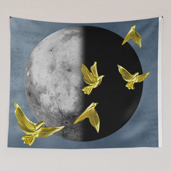 Item preview, Yin Yang Moon with Golden Birds | Dark Aesthetic Lunar Artwork | Surreal Minimal Art Print designed and sold by asudesign.