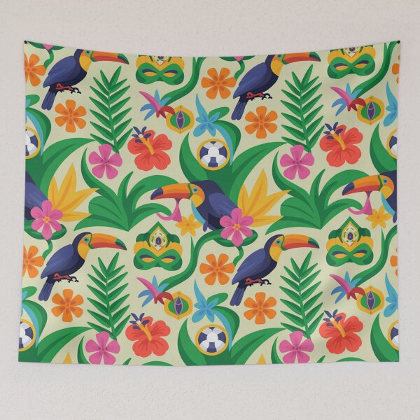 Item preview, Vibrant Tropical Seamless Pattern - Colorful Toucans, Hibiscus & Carnival Masks designed and sold by Midnight Veil Designs.