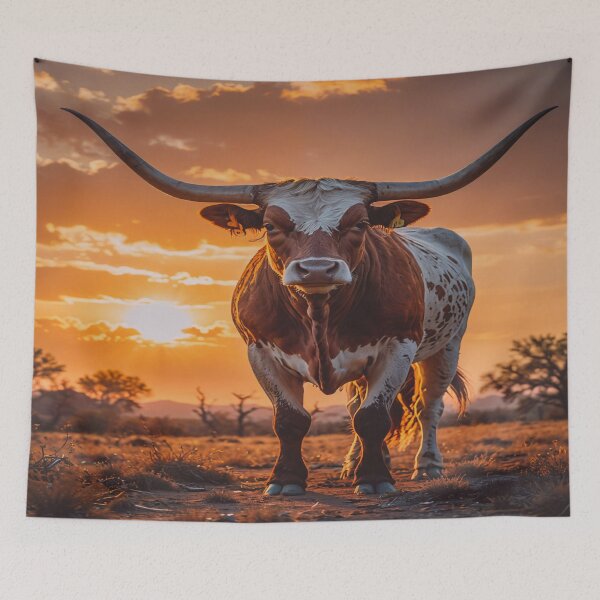 Item preview, Longhorn Bull at Sunset – Dramatic Western Landscape Art Print designed and sold by BeautifulVirtues.