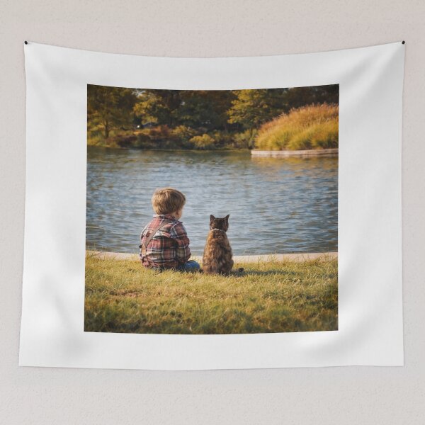 Item preview, Boy and cat by the lake designed and sold by donchago.