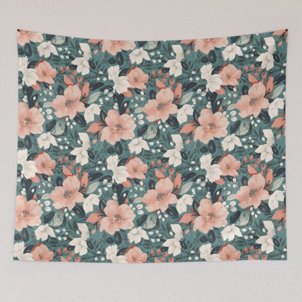 Item preview, Peach and White Floral Pattern on Teal designed and sold by pinkal.