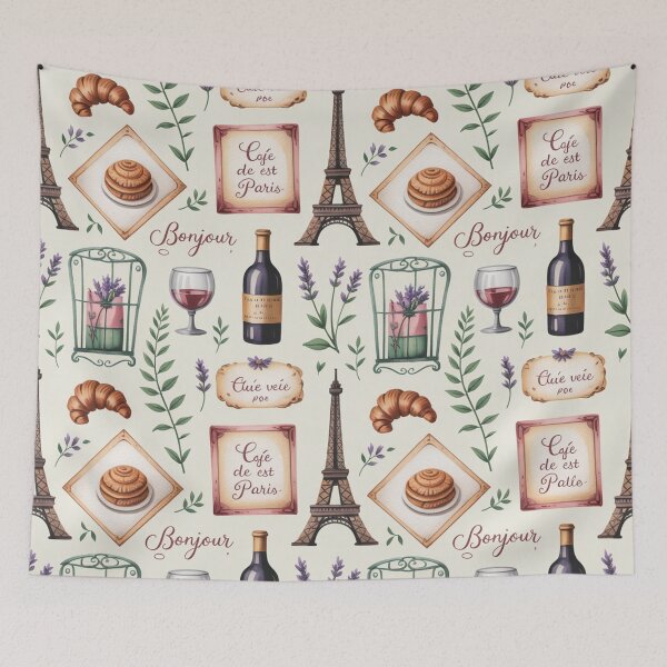 Item preview, Parisian French Seamless Pattern – Eiffel Tower, Croissants, Wine & Café Vibes designed and sold by Midnight Veil Designs.