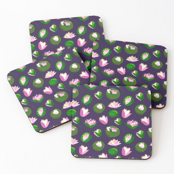 Item preview, Seamless pattern with lotus flowers, water lilies on a dark purple background designed and sold by OlhaBondarenko.