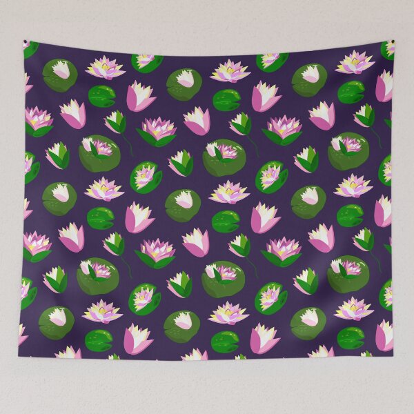 Item preview, Seamless pattern with lotus flowers, water lilies on a dark purple background designed and sold by OlhaBondarenko.