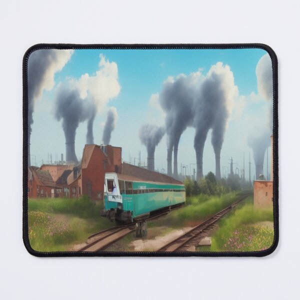 Item preview, Teal train and industrial skyline in atmospheric urban nature art style designed and sold by FotoworldEdel.