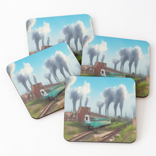 Item preview, Teal train and industrial skyline in atmospheric urban nature art style designed and sold by FotoworldEdel.