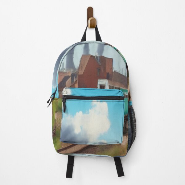 Item preview, Teal train and industrial skyline in atmospheric urban nature art style designed and sold by FotoworldEdel.