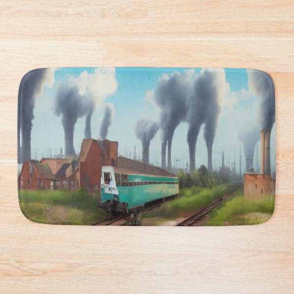 Item preview, Teal train and industrial skyline in atmospheric urban nature art style designed and sold by FotoworldEdel.
