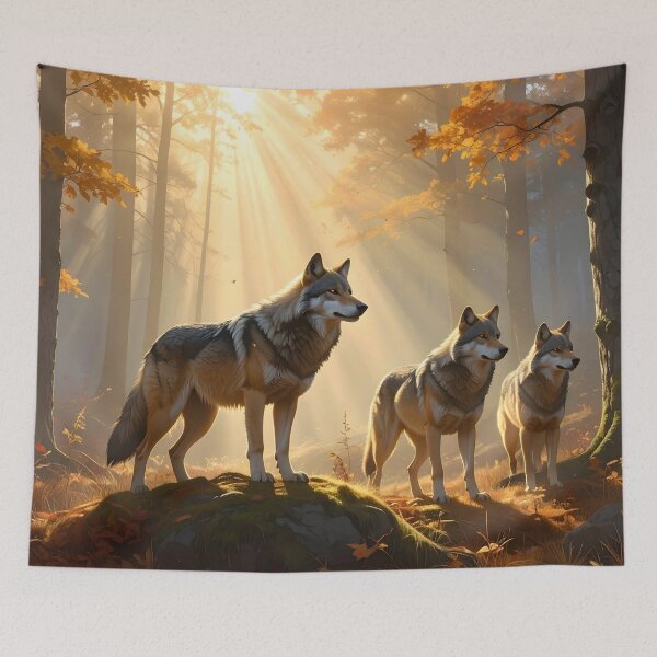 Item preview, Wolf Pack Forest Sunlight — Mystical Autumn Nature designed and sold by Schoenenwald - Illustrations Uniques et Originales.