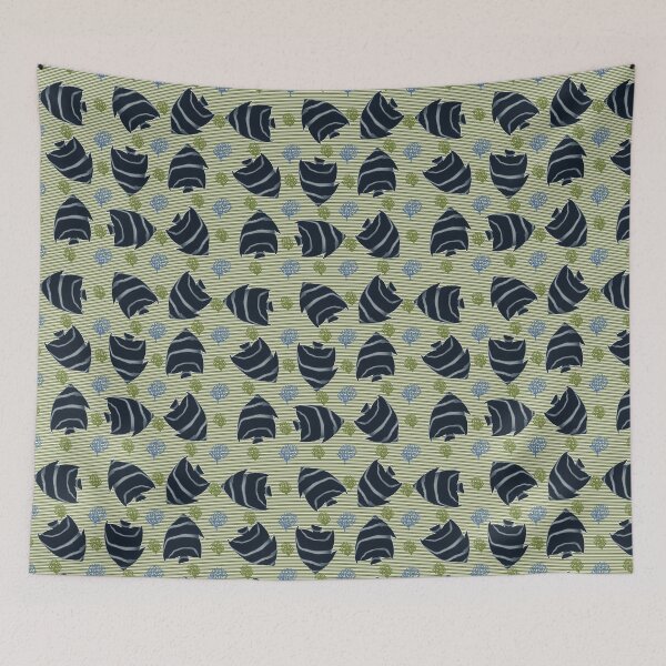 Item preview, Nautical Green Stripe Fish Blue and Green Coral on Crisp White designed and sold by PVTCreations.