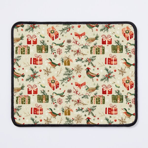Item preview, Christmas pattern featuring playful birds, cheerful gifts, snowflakes, and festive pine elements for a joyful holiday atmosphere designed and sold by MiraCleAI.