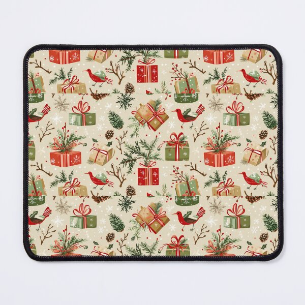 Item preview, Christmas pattern featuring playful birds, cheerful gifts, snowflakes, and festive pine elements for a joyful holiday atmosphere designed and sold by MiraCleAI.