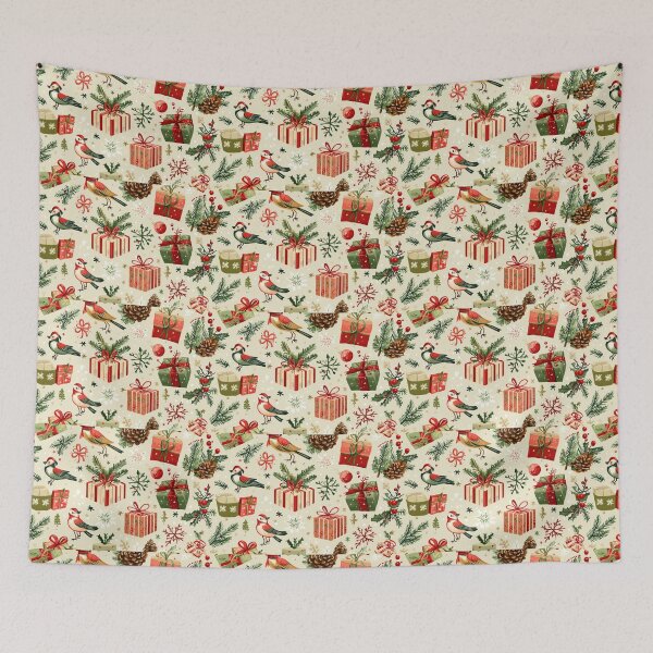 Item preview, Christmas pattern featuring playful birds, cheerful gifts, snowflakes, and festive pine elements for a joyful holiday atmosphere designed and sold by MiraCleAI.