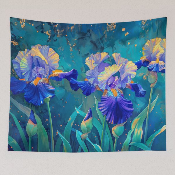 Item preview, Blue Irises on Dark Teal Background | Moody Floral Botanical Art | Elegant Blue Flower Design designed and sold by MargaretWiktor.