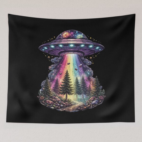 Item preview, Cosmic Rainbow UFO Forest Illustration designed and sold by RidaSalArt.