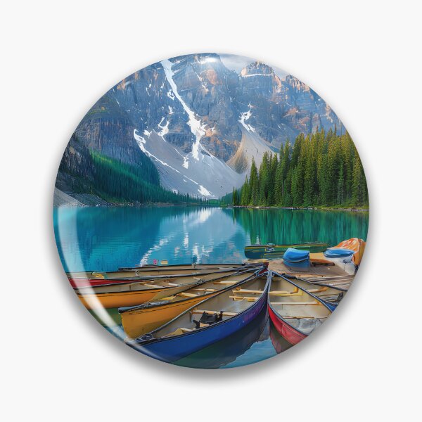 Item preview, Serene Lake with Colorful Canoes and Mountains designed and sold by Artessie.