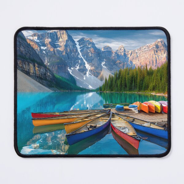 Item preview, Serene Lake with Colorful Canoes and Mountains designed and sold by Artessie.