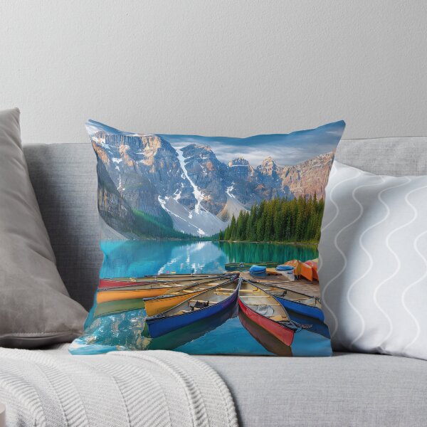 Item preview, Serene Lake with Colorful Canoes and Mountains designed and sold by Artessie.