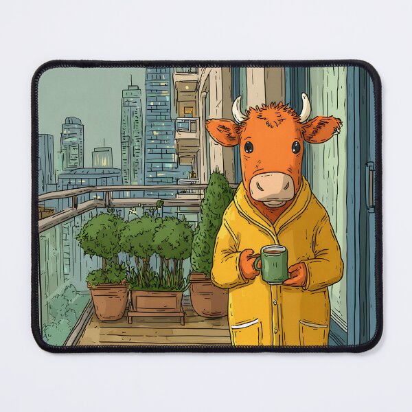 Item preview, Cow in Yellow Coat Enjoying Coffee on Balcony View designed and sold by Artessie.