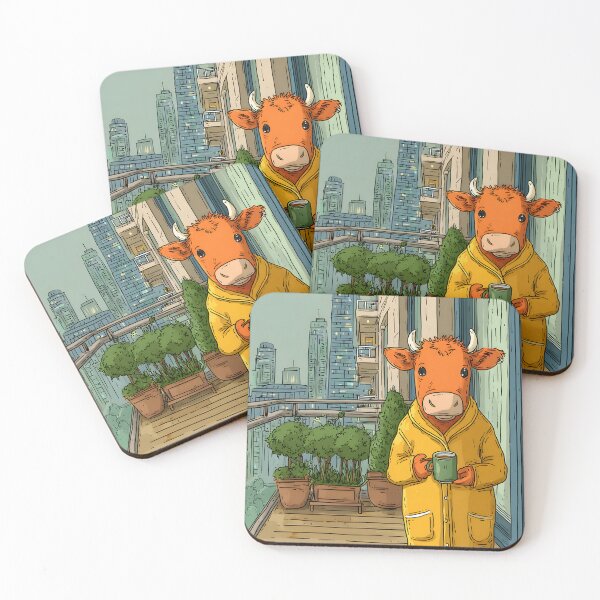 Item preview, Cow in Yellow Coat Enjoying Coffee on Balcony View designed and sold by Artessie.