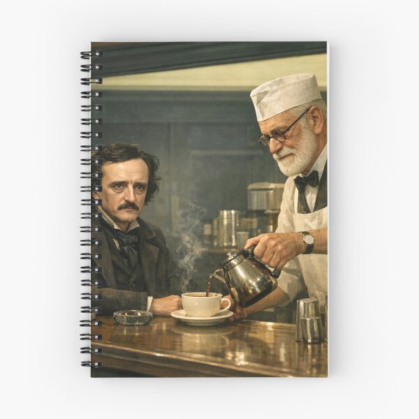 Item preview, Sigmund Freud serves coffee to Edgar Allan Poe in the Nighthawks Diner designed and sold by Halifaxartguy.
