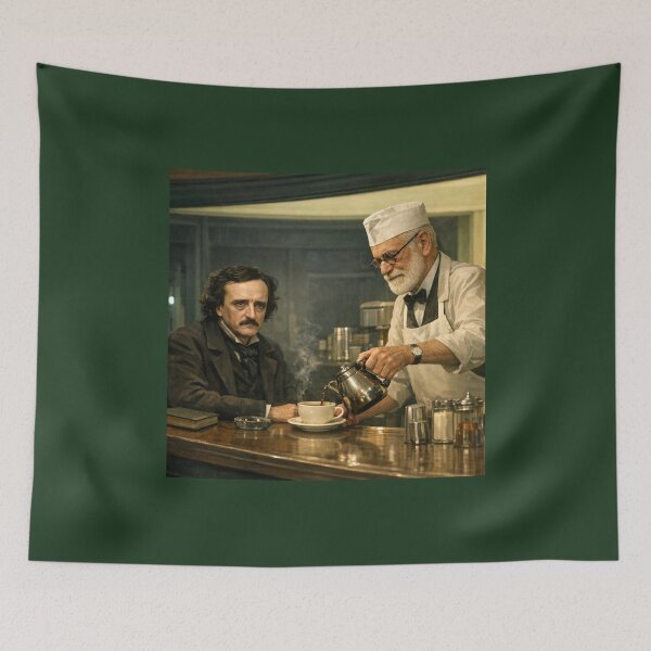 Item preview, Sigmund Freud serves coffee to Edgar Allan Poe in the Nighthawks Diner designed and sold by Halifaxartguy.