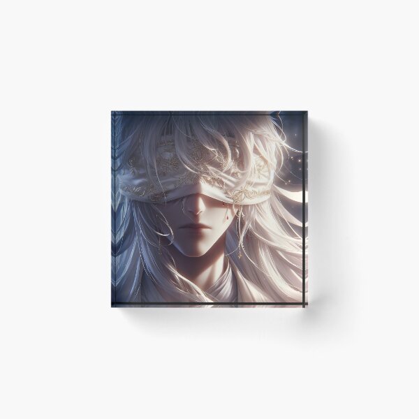 Item preview, Divine Silence: Ethereal White-Haired Anime Figure with Ornate Gold-Embroidered Blindfold designed and sold by MouradStudio.