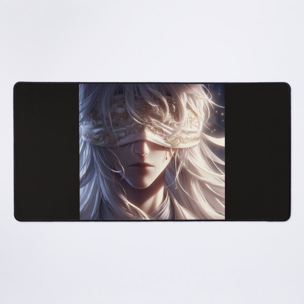 Item preview, Divine Silence: Ethereal White-Haired Anime Figure with Ornate Gold-Embroidered Blindfold designed and sold by MouradStudio.