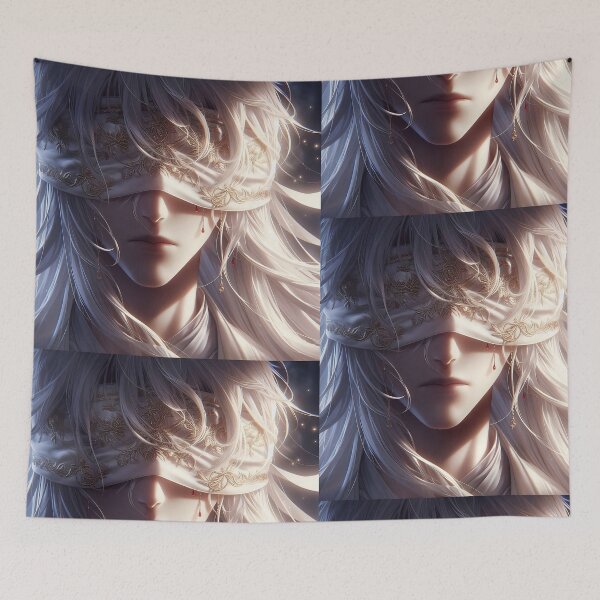 Item preview, Divine Silence: Ethereal White-Haired Anime Figure with Ornate Gold-Embroidered Blindfold designed and sold by MouradStudio.