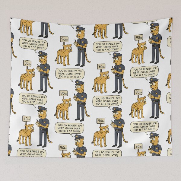 Item preview, Speeding Cheetah Pulled Over – Funny Animal Pun Design | 100km Zone Joke | Police Cheetah Cartoon designed and sold by Donsean22.